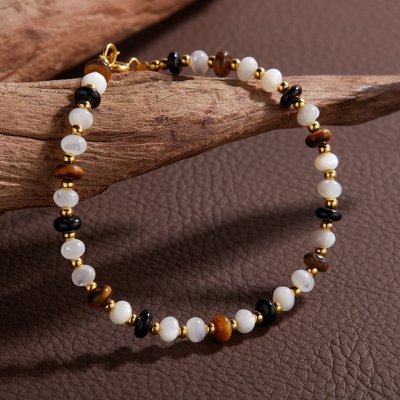 Natural Gemstone Bracelet With Tiger's Eye White Mother of Pearl